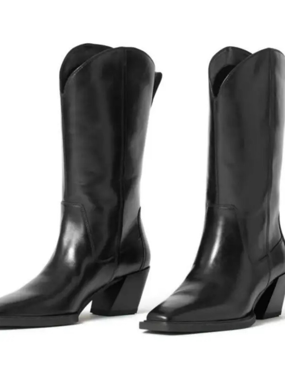Women's Black Genuine Leather Mid-Calf Western Heel Boots - Picture 2 of 9